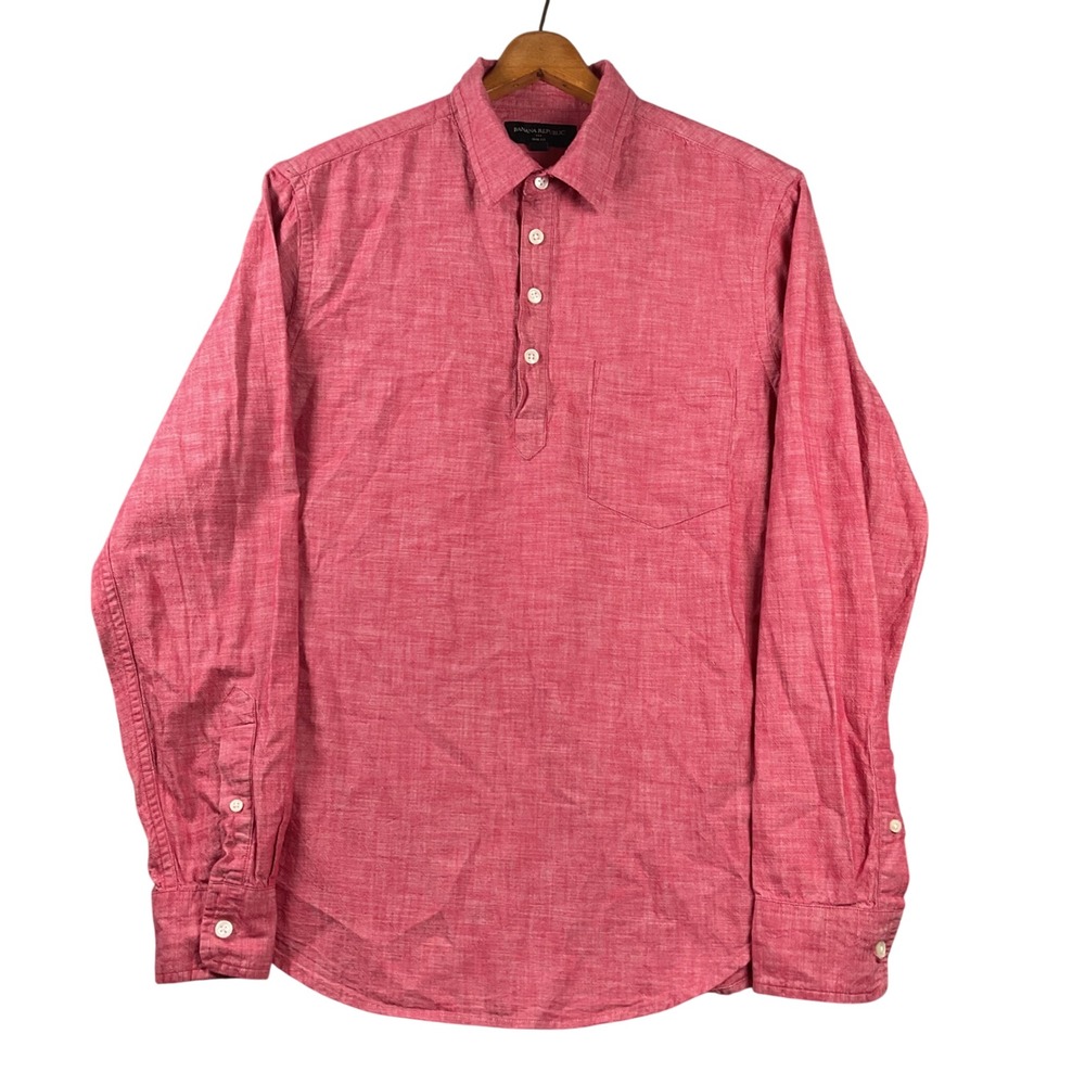 Banana Republic Popover Shirt Mens Small Red Slim Fit Long Sleeve Cotton Linen